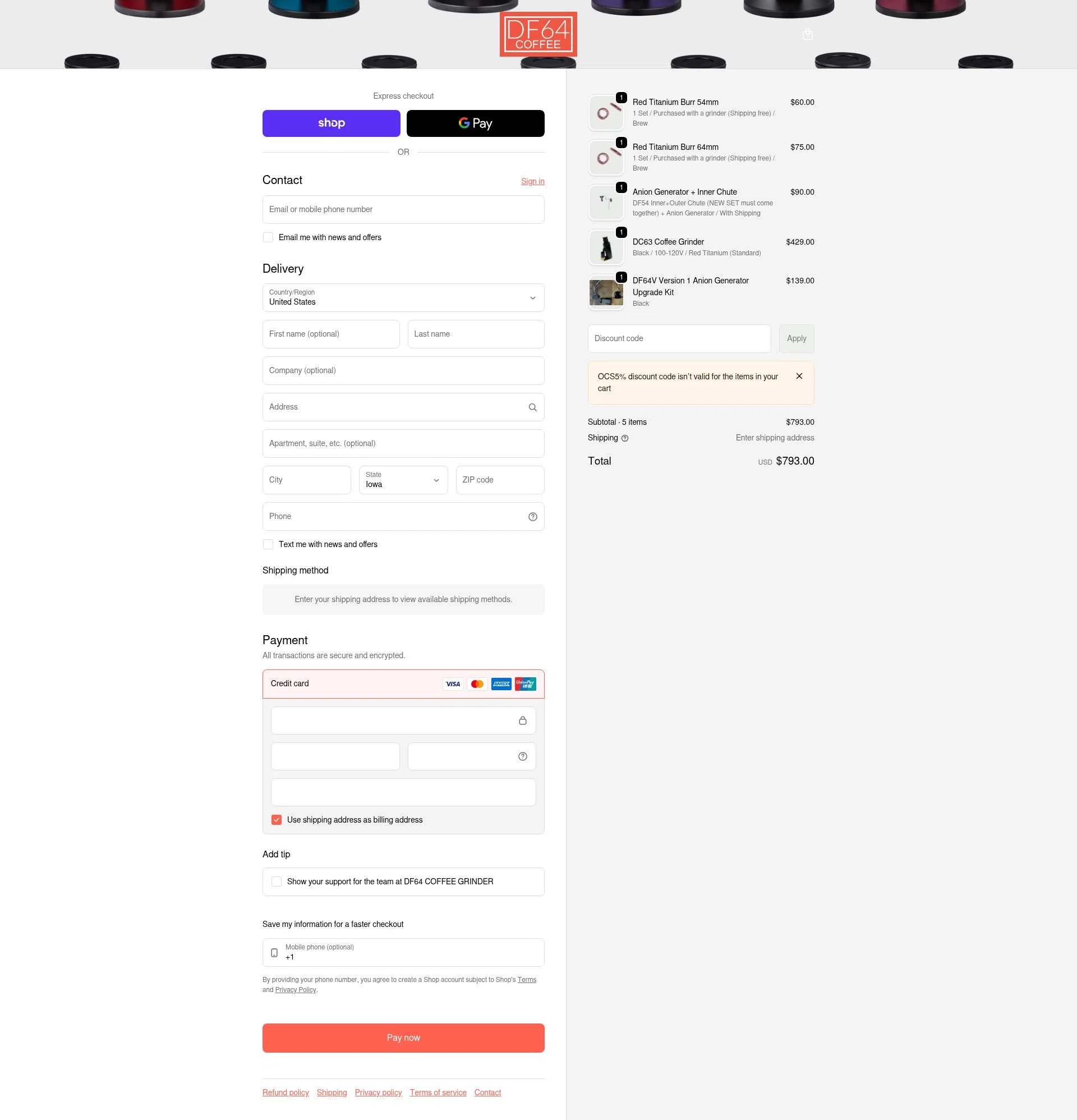 DF64 COFFEE GRINDER checkout page showing DF64 COFFEE GRINDER promo code box | Screenshot taken by SimplyCodes community member on Jan 31, 2026
