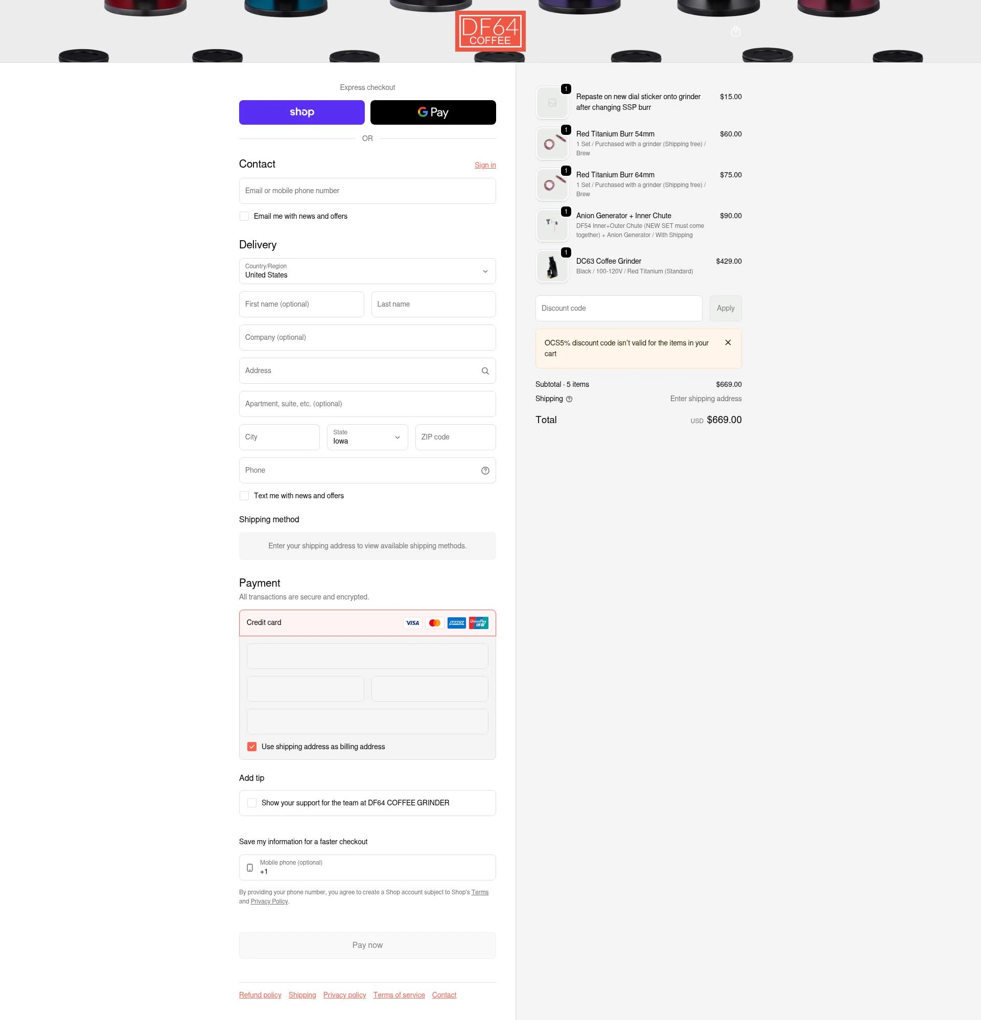 DF64 COFFEE GRINDER checkout page showing DF64 COFFEE GRINDER promo code box | Screenshot taken by SimplyCodes community member on Feb 5, 2026