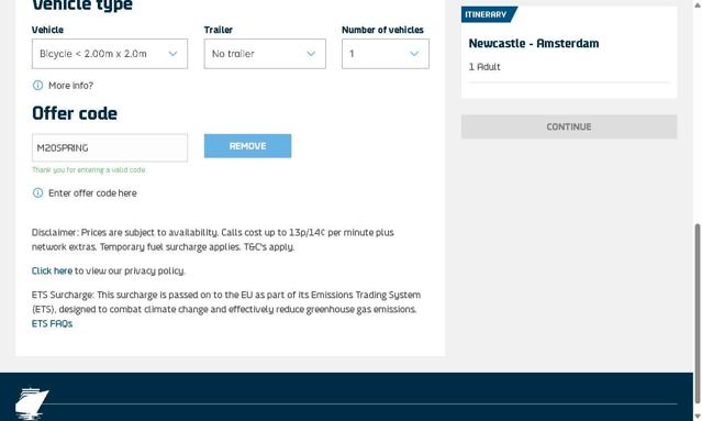 DFDS checkout page showing DFDS discount code box | Screenshot taken by SimplyCodes community member on Aug 17, 2025