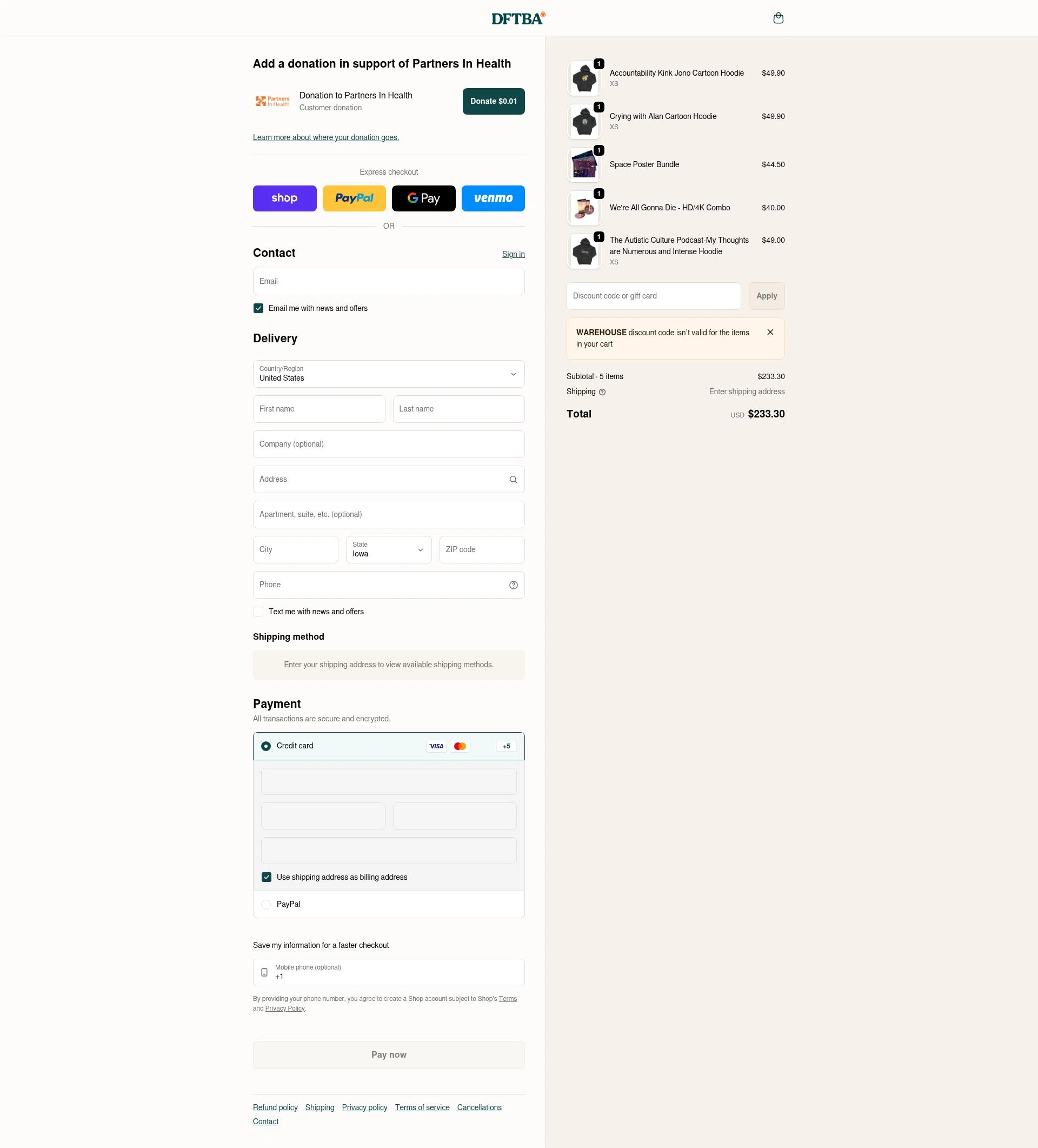 DFTBA checkout page showing DFTBA discount code box | Screenshot taken by SimplyCodes community member on Feb 5, 2026