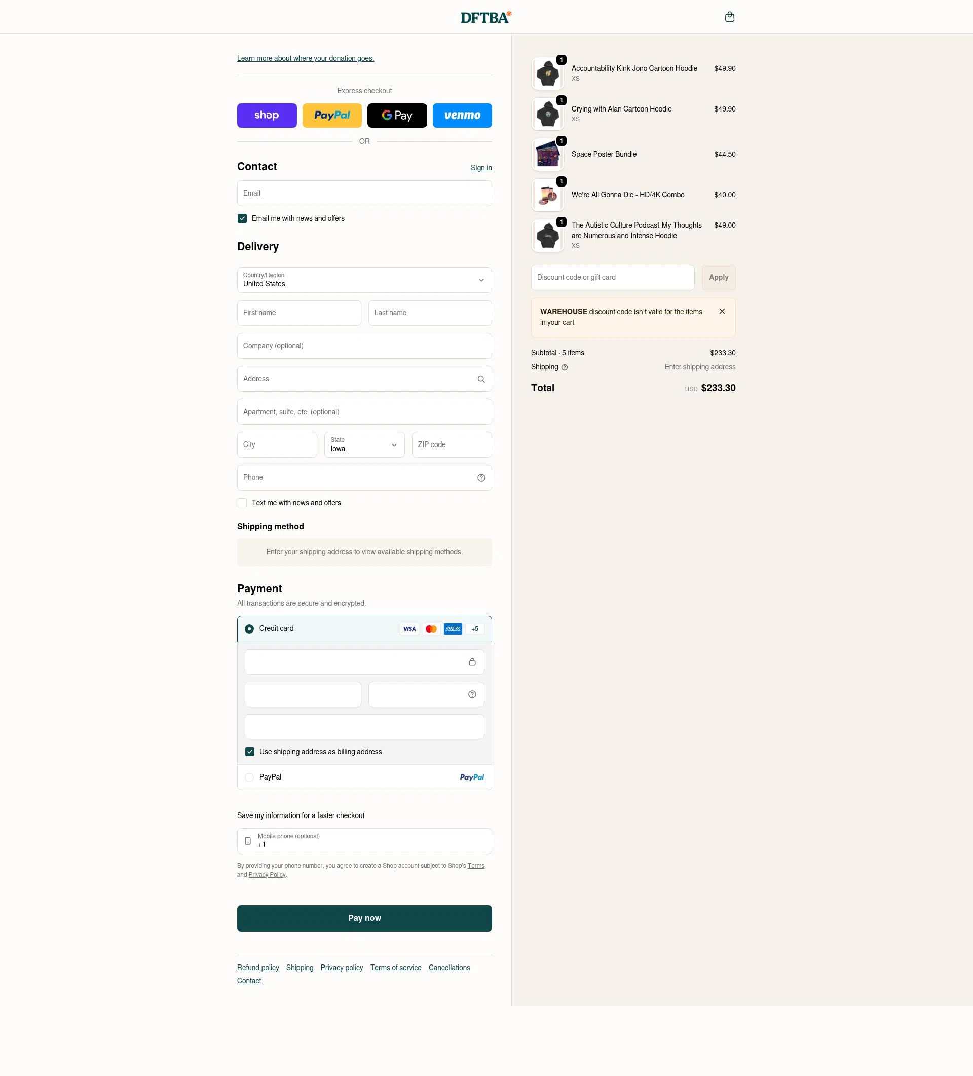 DFTBA checkout page showing DFTBA discount code box | Screenshot taken by SimplyCodes community member on Jan 31, 2026