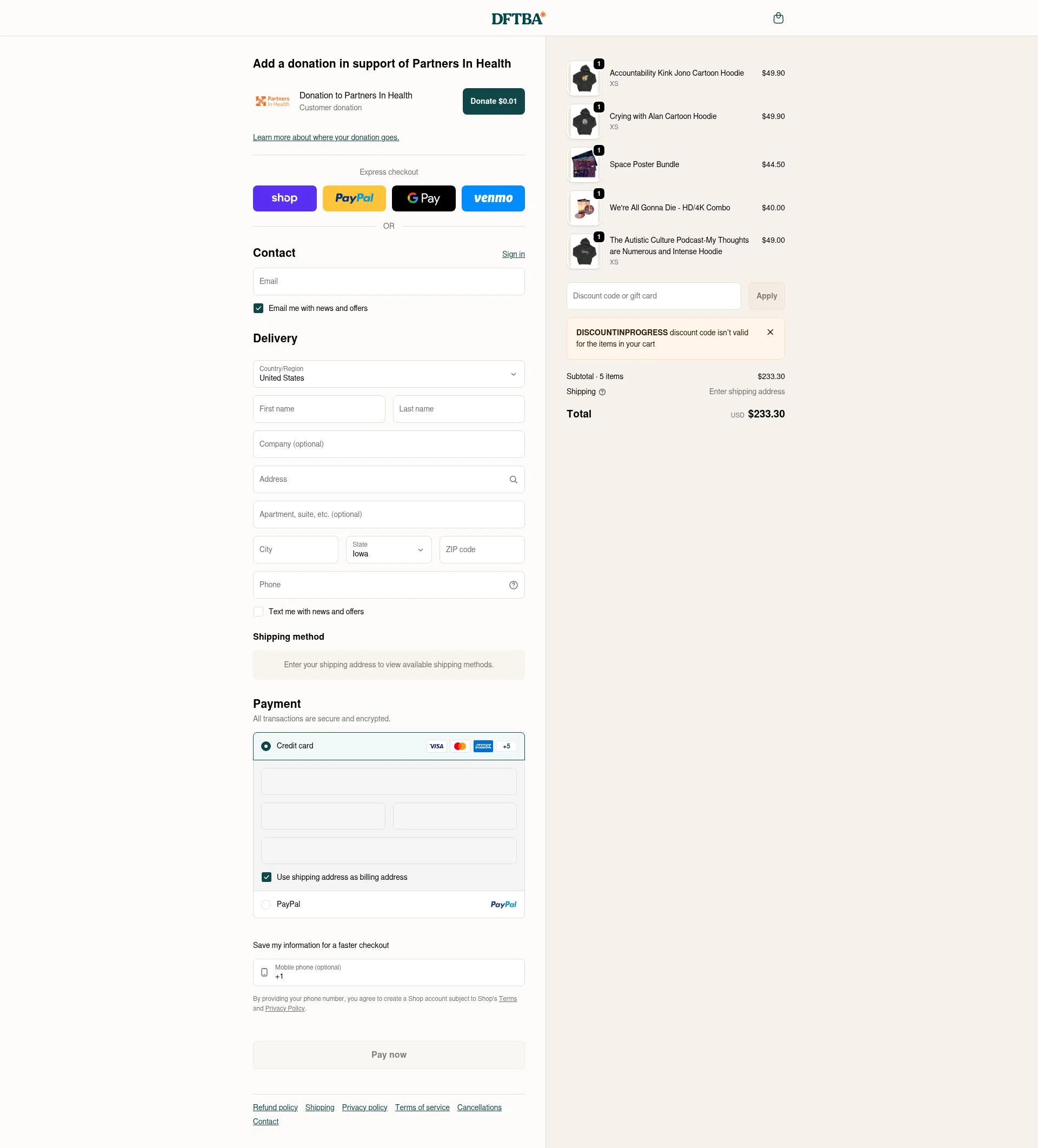 DFTBA checkout page showing DFTBA discount code box | Screenshot taken by SimplyCodes community member on Feb 5, 2026