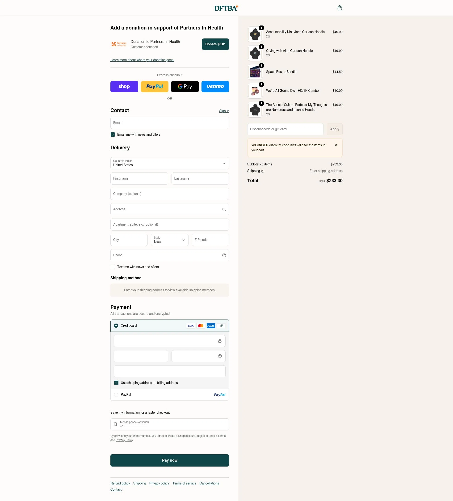 DFTBA checkout page showing DFTBA discount code box | Screenshot taken by SimplyCodes community member on Jan 31, 2026