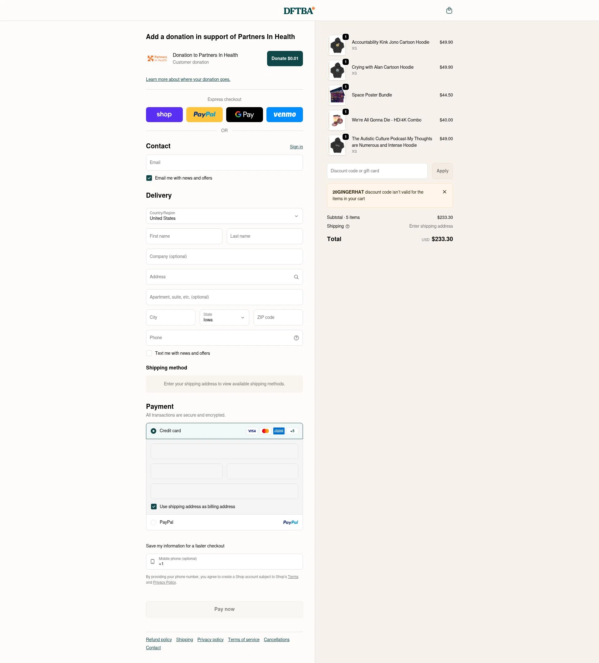 DFTBA checkout page showing DFTBA discount code box | Screenshot taken by SimplyCodes community member on Jan 31, 2026