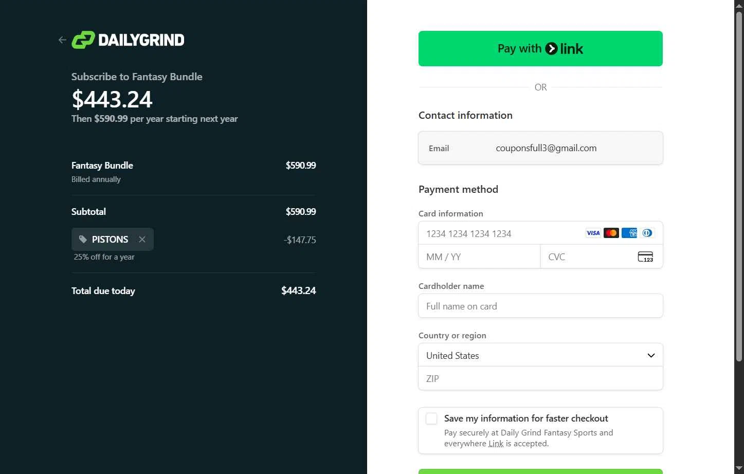DGFantasy checkout page showing DGFantasy promo code box | Screenshot taken by SimplyCodes community member on Feb 2, 2026