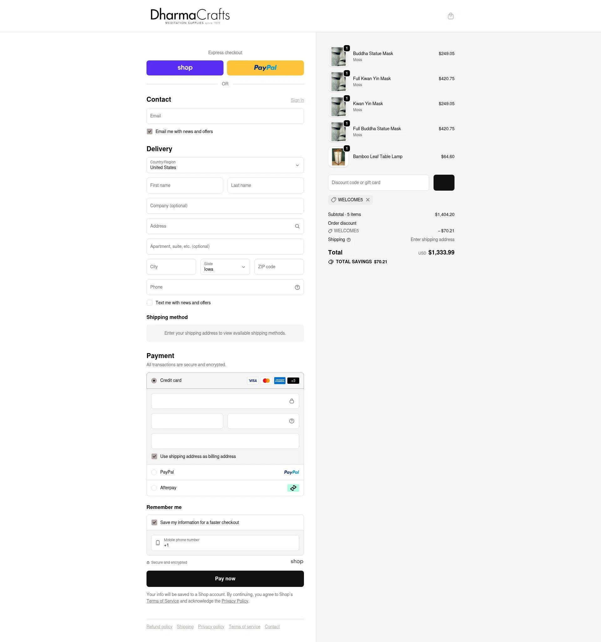 DharmaCrafts checkout page showing DharmaCrafts promo code box | Screenshot taken by SimplyCodes community member on Jan 1, 2026