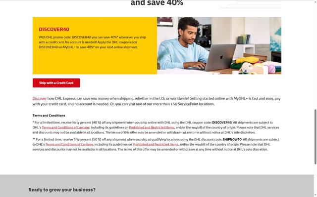 DHL checkout page showing DHL promo code box | Screenshot taken by SimplyCodes community member on Sep 8, 2025