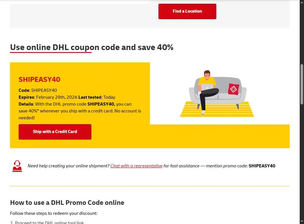 DHL checkout page showing DHL promo code box | Screenshot taken by SimplyCodes community member on Feb 9, 2026