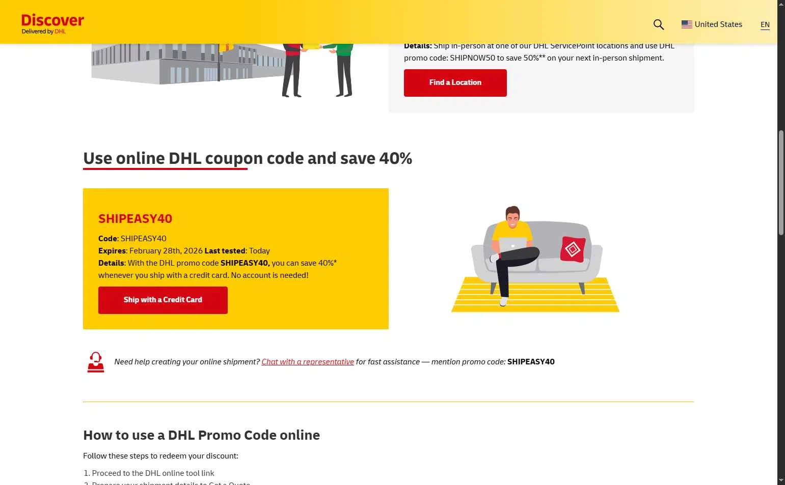 DHL checkout page showing DHL promo code box | Screenshot taken by SimplyCodes community member on Jan 11, 2026