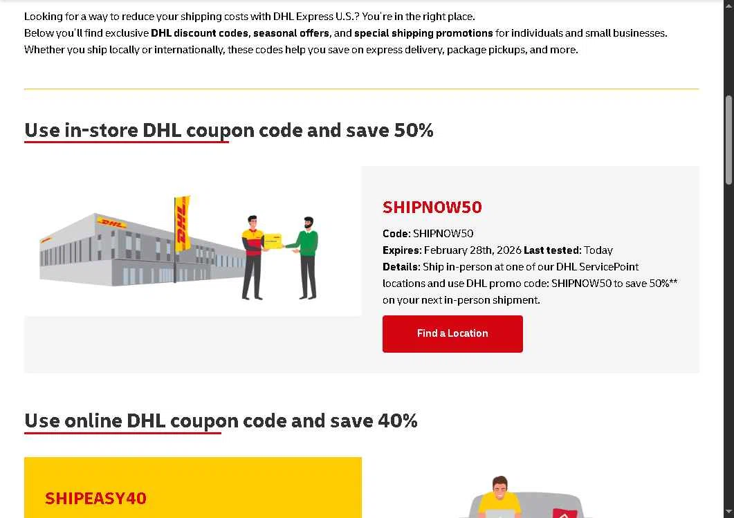 DHL checkout page showing DHL promo code box | Screenshot taken by SimplyCodes community member on Jan 28, 2026