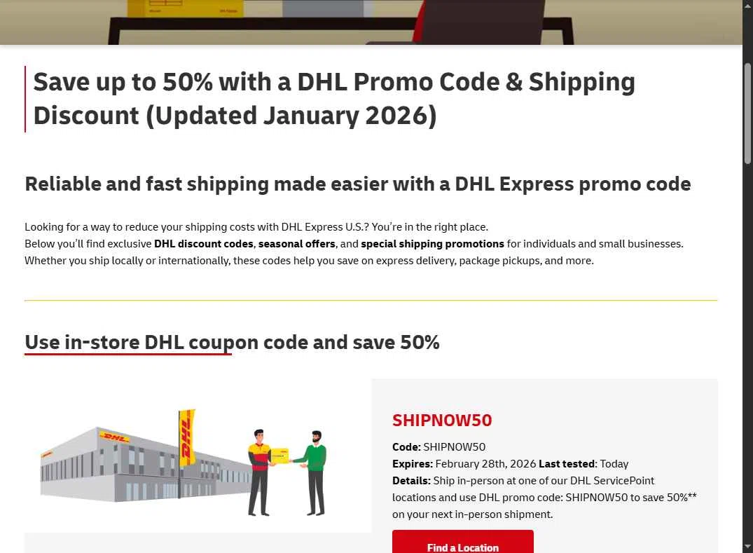 DHL checkout page showing DHL promo code box | Screenshot taken by SimplyCodes community member on Feb 3, 2026