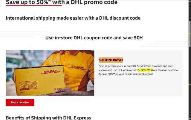 DHL checkout page showing DHL promo code box | Screenshot taken by SimplyCodes community member on Aug 27, 2025