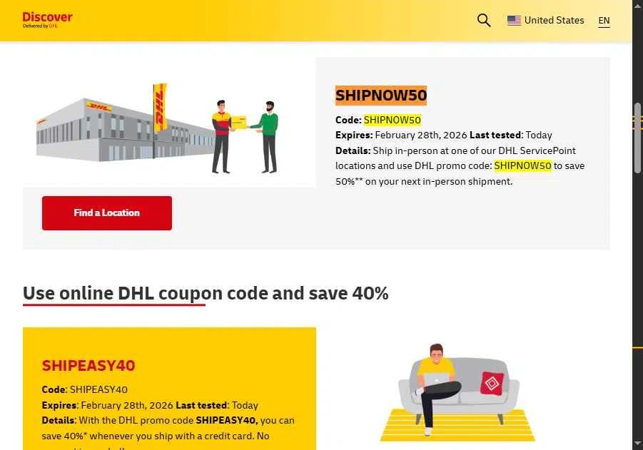 DHL checkout page showing DHL promo code box | Screenshot taken by SimplyCodes community member on Feb 11, 2026