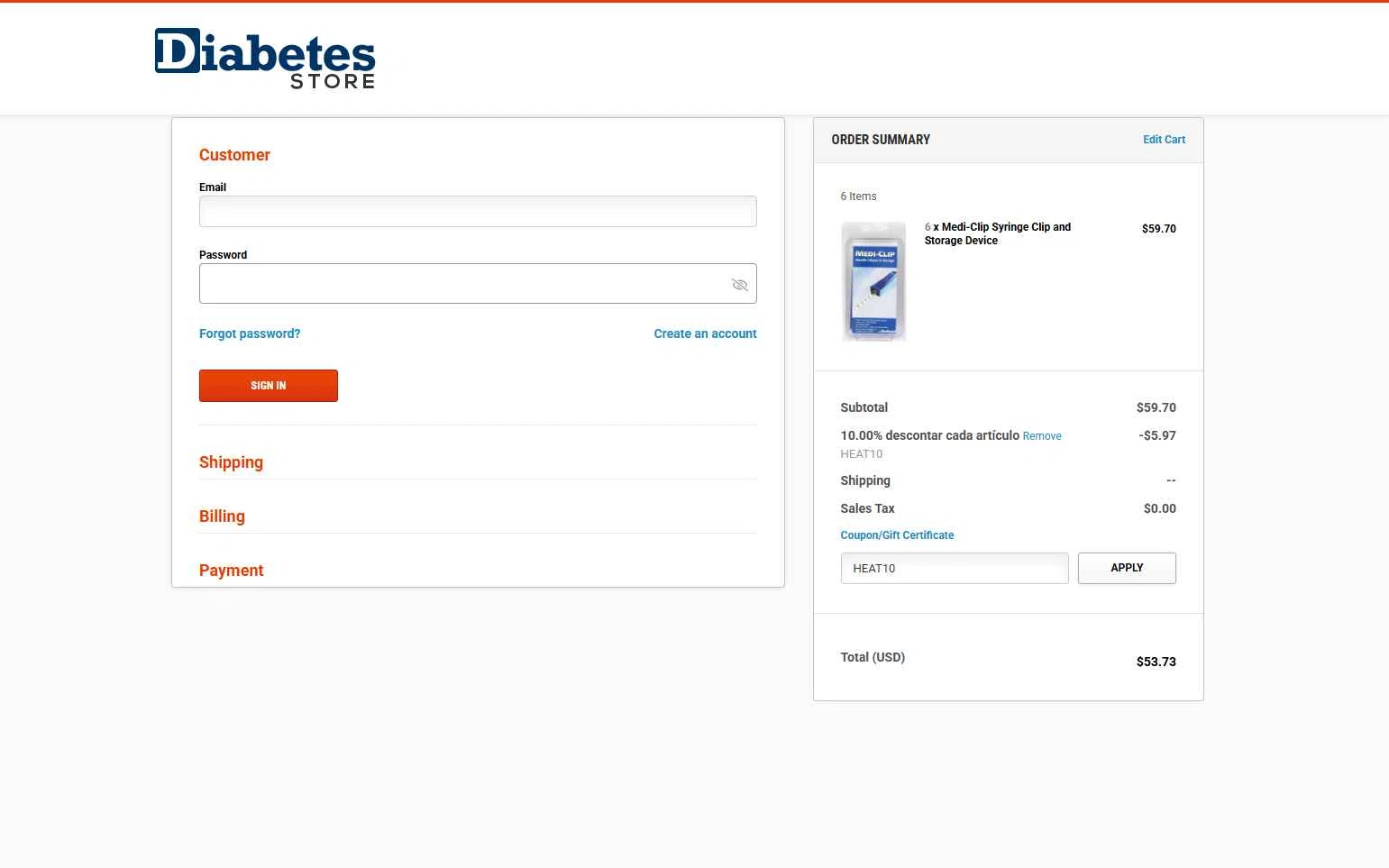 DiabetesStore checkout page showing DiabetesStore promo code box | Screenshot taken by SimplyCodes community member on Sep 24, 2025