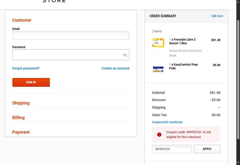 DiabetesStore checkout page showing DiabetesStore promo code box | Screenshot taken by SimplyCodes community member on Nov 30, 2025