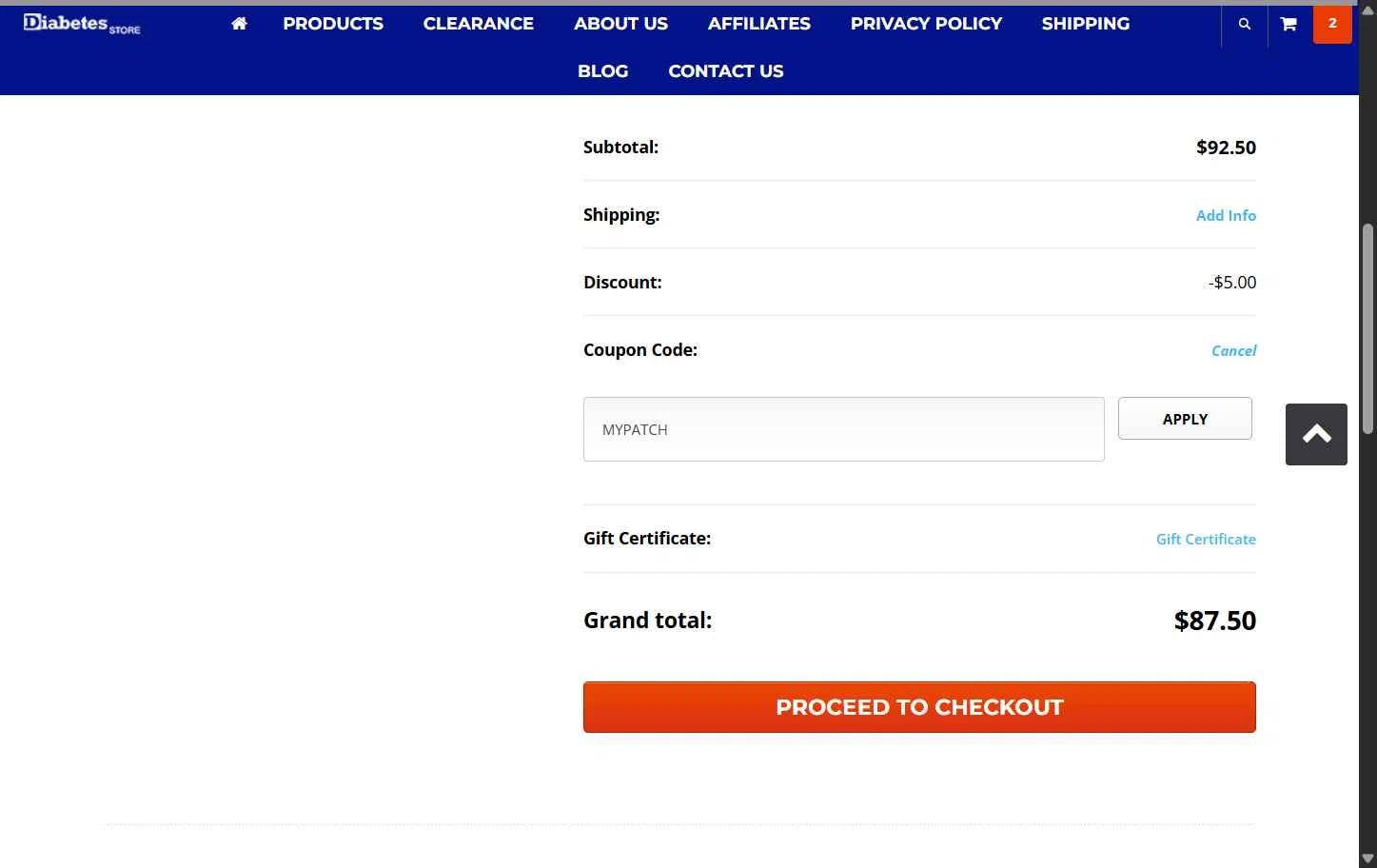DiabetesStore checkout page showing DiabetesStore promo code box | Screenshot taken by SimplyCodes community member on Oct 2, 2025