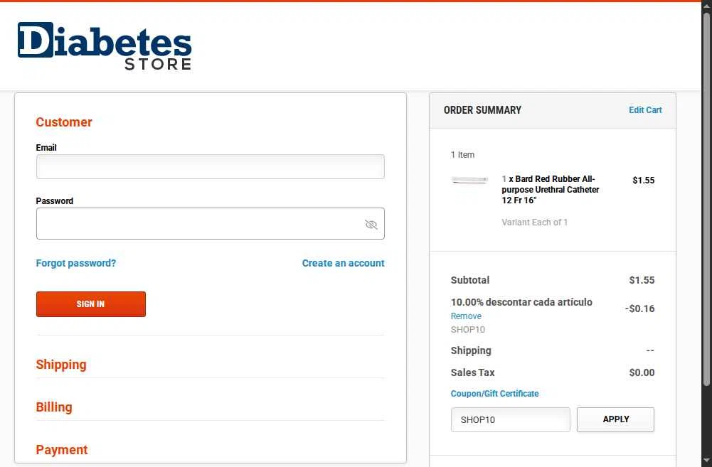 DiabetesStore checkout page showing DiabetesStore promo code box | Screenshot taken by SimplyCodes community member on Nov 11, 2025