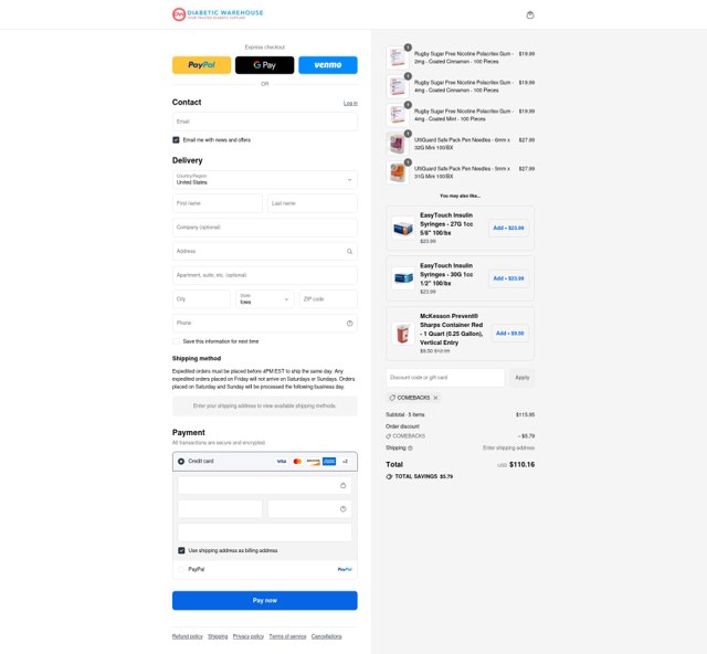 Diabetic Warehouse checkout page showing Diabetic Warehouse discount code box | Screenshot taken by SimplyCodes community member on Sep 6, 2025