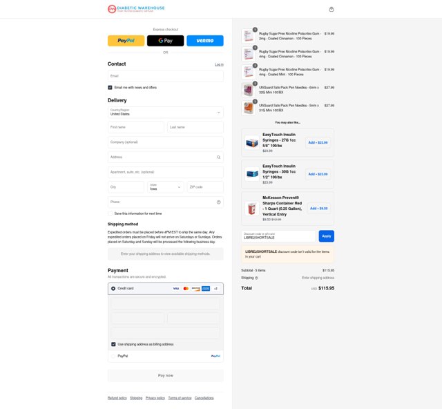 Diabetic Warehouse checkout page showing Diabetic Warehouse discount code box | Screenshot taken by SimplyCodes community member on Sep 6, 2025
