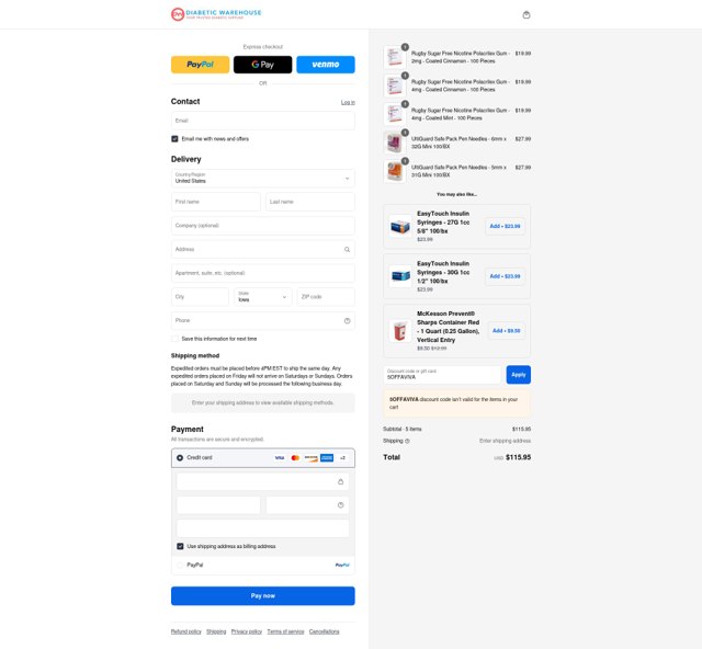 Diabetic Warehouse checkout page showing Diabetic Warehouse discount code box | Screenshot taken by SimplyCodes community member on Sep 6, 2025