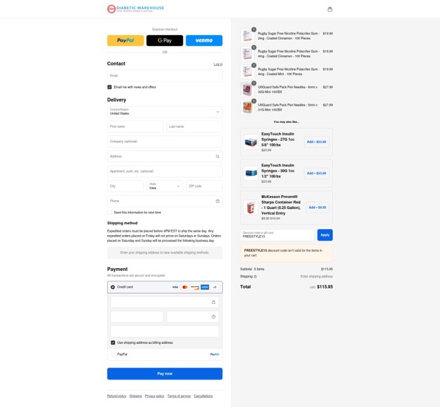 Diabetic Warehouse checkout page showing Diabetic Warehouse discount code box | Screenshot taken by SimplyCodes community member on Sep 6, 2025