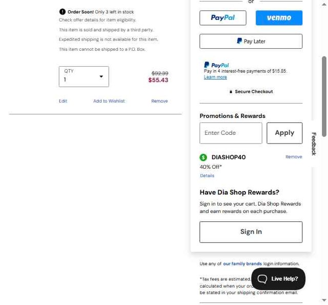 Dia & Co checkout page showing Dia & Co promo code box | Screenshot taken by SimplyCodes community member on Jul 7, 2025