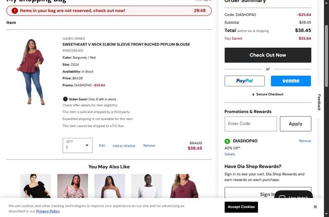 Dia & Co checkout page showing Dia & Co promo code box | Screenshot taken by SimplyCodes community member on Jul 7, 2025