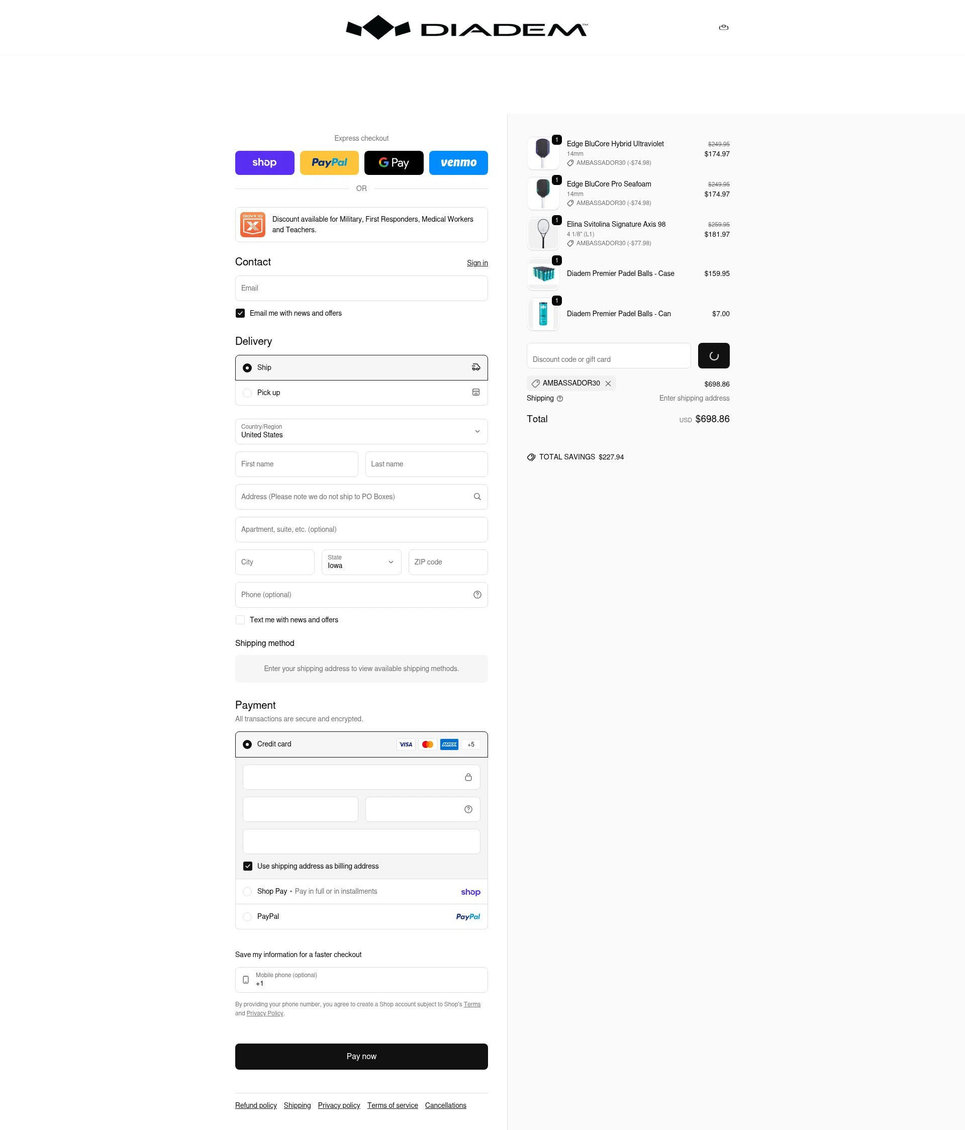 Diadem checkout page showing Diadem promo code box | Screenshot taken by SimplyCodes community member on Feb 19, 2026