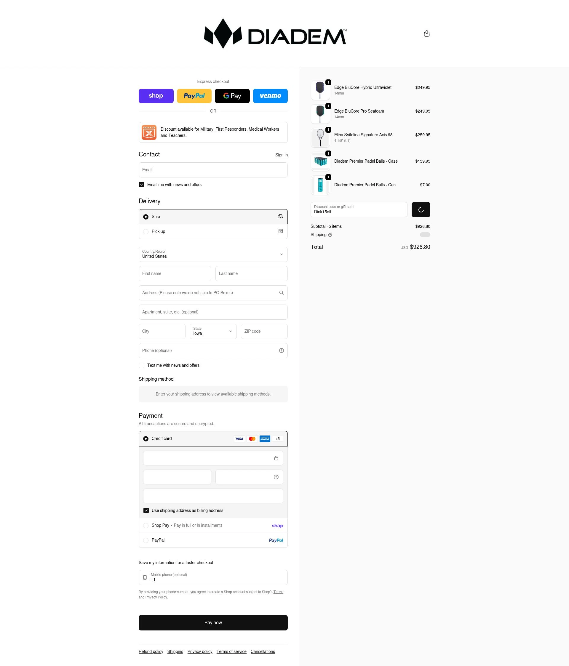 Diadem checkout page showing Diadem promo code box | Screenshot taken by SimplyCodes community member on Feb 19, 2026