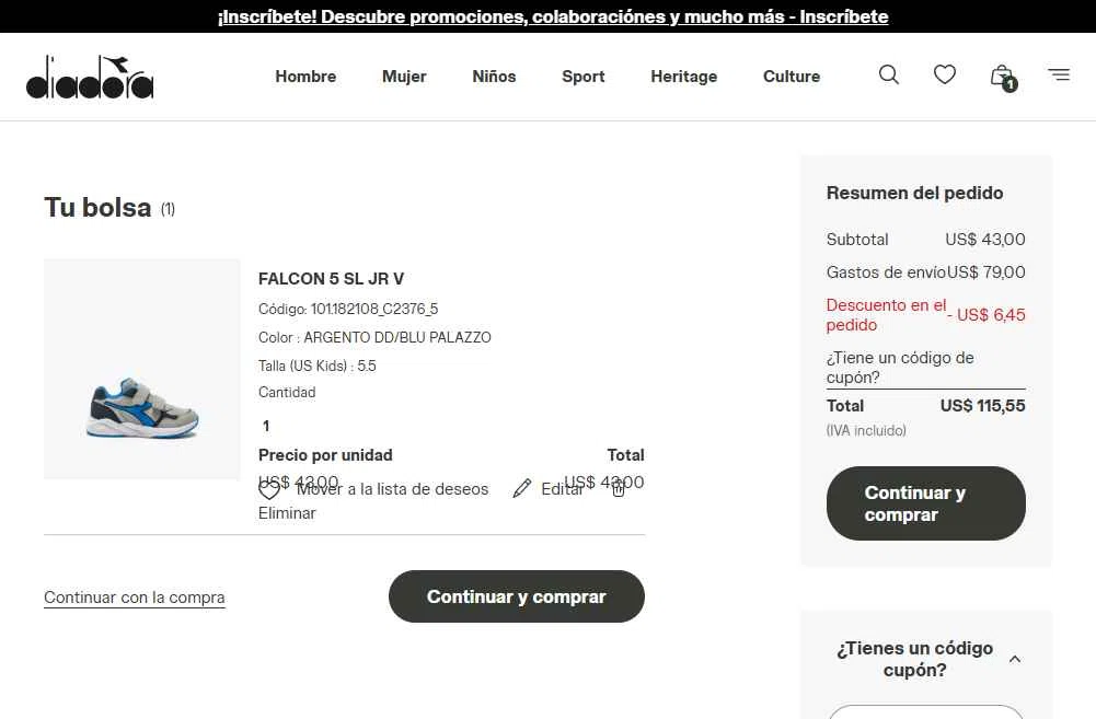 Diadora checkout page showing Diadora promo code box | Screenshot taken by SimplyCodes community member on Nov 16, 2025