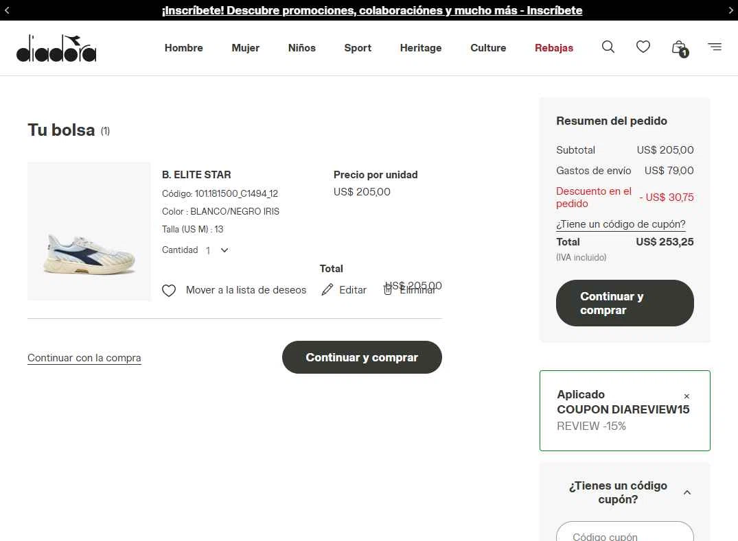 Diadora checkout page showing Diadora promo code box | Screenshot taken by SimplyCodes community member on Feb 7, 2026