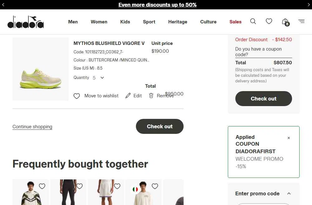 Diadora checkout page showing Diadora promo code box | Screenshot taken by SimplyCodes community member on Feb 11, 2026