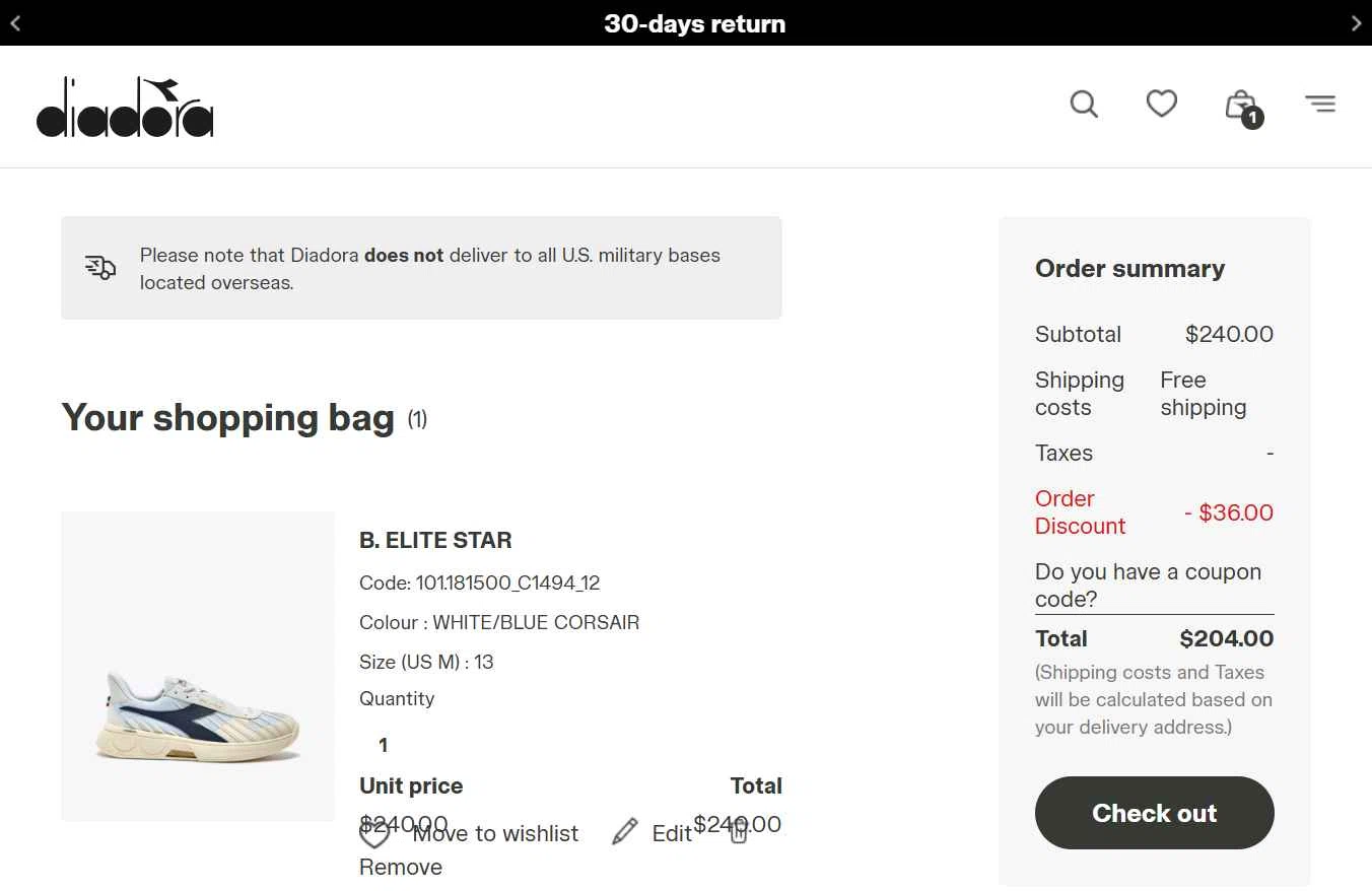Diadora checkout page showing Diadora promo code box | Screenshot taken by SimplyCodes community member on Nov 12, 2025