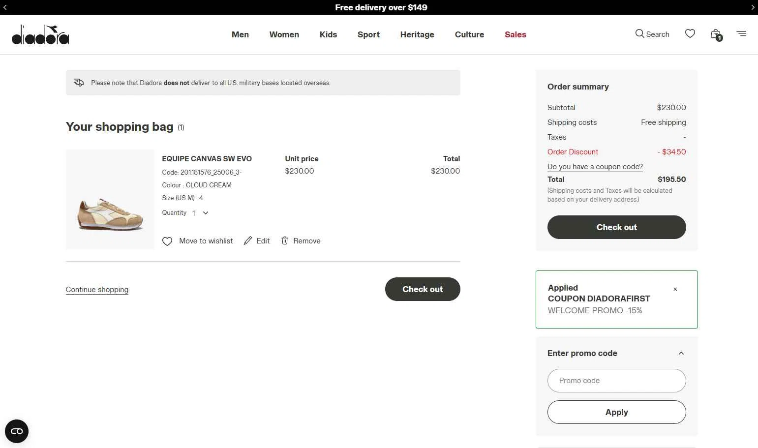 Diadora checkout page showing Diadora promo code box | Screenshot taken by SimplyCodes community member on Jan 13, 2026