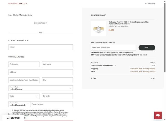 Diamond Nexus checkout page showing Diamond Nexus discount code box | Screenshot taken by SimplyCodes community member on Aug 23, 2025