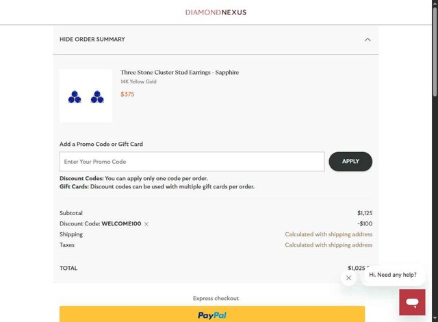 Diamond Nexus checkout page showing Diamond Nexus discount code box | Screenshot taken by SimplyCodes community member on Jul 22, 2025