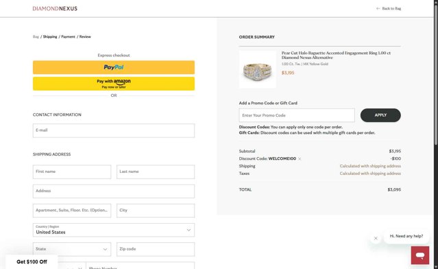 Diamond Nexus checkout page showing Diamond Nexus discount code box | Screenshot taken by SimplyCodes community member on Jul 22, 2025