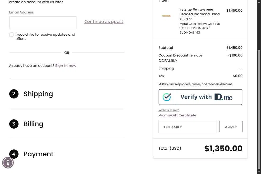 Diamonds Direct checkout page showing Diamonds Direct coupon code box | Screenshot taken by SimplyCodes community member on May 13, 2025