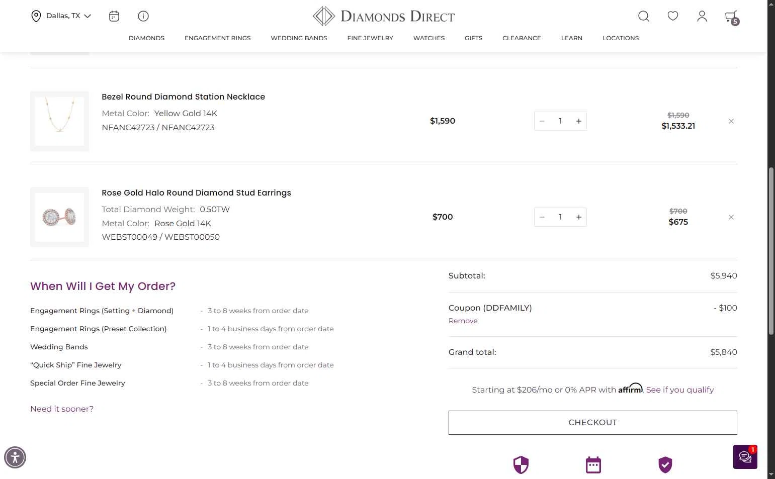 Diamonds Direct checkout page showing Diamonds Direct coupon code box | Screenshot taken by SimplyCodes community member on Dec 2, 2025