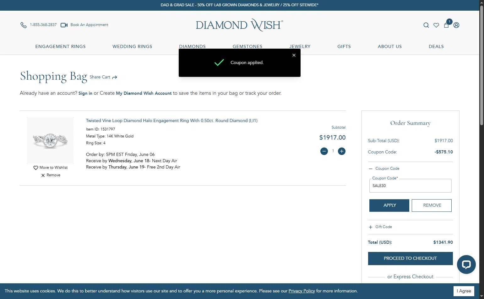 Diamond Wish checkout page showing Diamond Wish promo code box | Screenshot taken by SimplyCodes community member on Jun 6, 2025