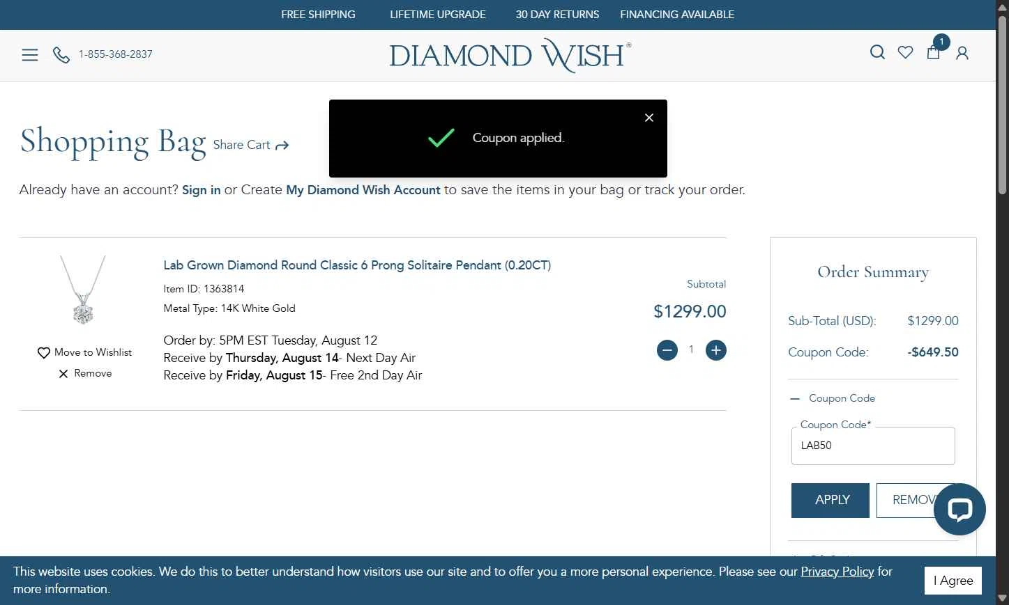 Diamond Wish checkout page showing Diamond Wish promo code box | Screenshot taken by SimplyCodes community member on Aug 12, 2025