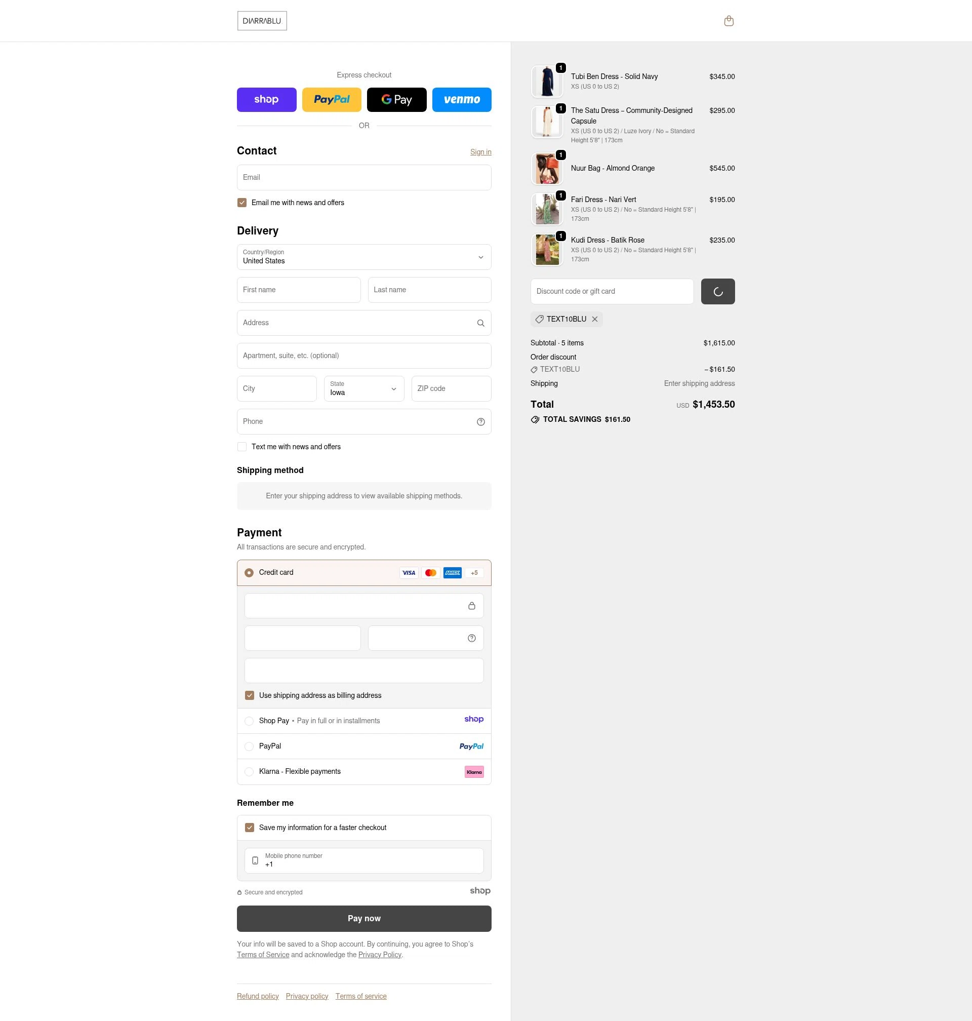 Diarrablu checkout page showing Diarrablu discount code box | Screenshot taken by SimplyCodes community member on Dec 30, 2025