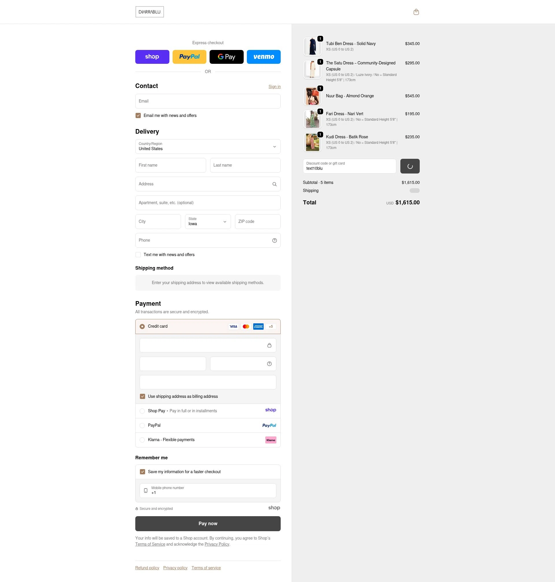 Diarrablu checkout page showing Diarrablu discount code box | Screenshot taken by SimplyCodes community member on Dec 25, 2025