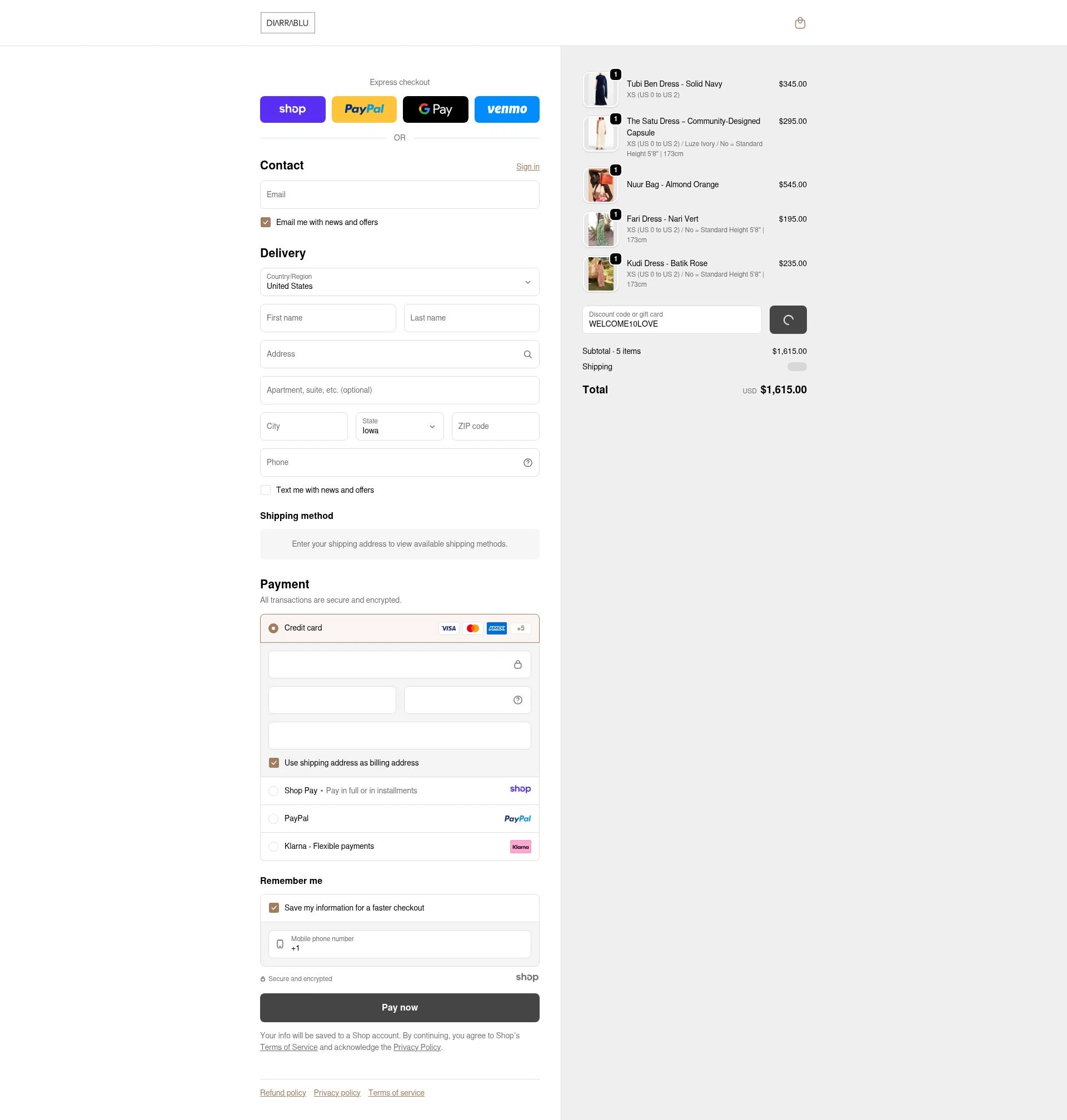 Diarrablu checkout page showing Diarrablu discount code box | Screenshot taken by SimplyCodes community member on Dec 30, 2025