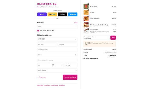 DIASPORA Co. checkout page showing DIASPORA Co. promo code box | Screenshot taken by SimplyCodes community member on Sep 5, 2025