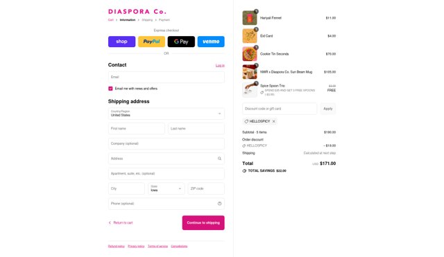 DIASPORA Co. checkout page showing DIASPORA Co. promo code box | Screenshot taken by SimplyCodes community member on Sep 1, 2025