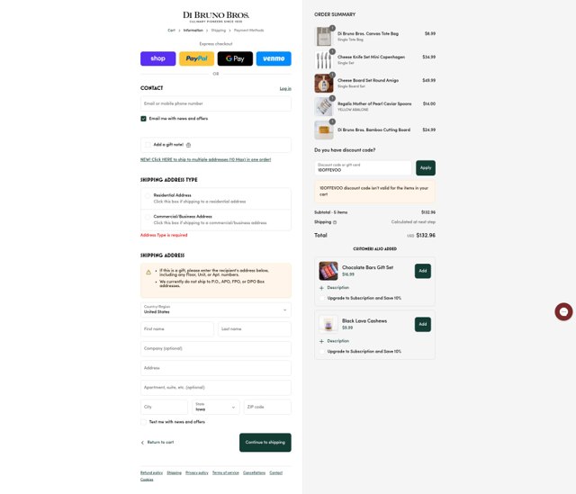 DiBruno checkout page showing DiBruno coupon code box | Screenshot taken by SimplyCodes community member on Aug 29, 2025