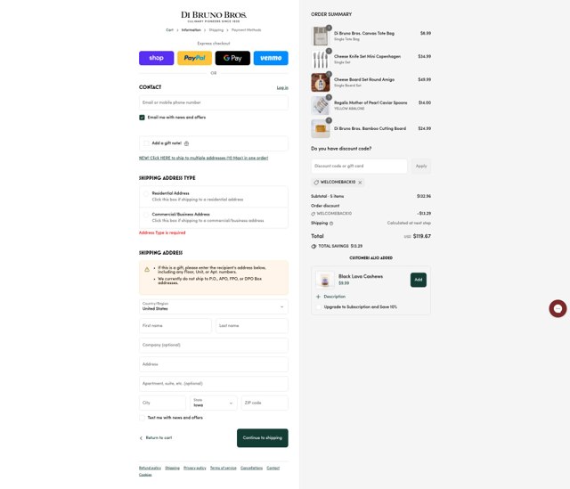 DiBruno checkout page showing DiBruno coupon code box | Screenshot taken by SimplyCodes community member on Sep 2, 2025