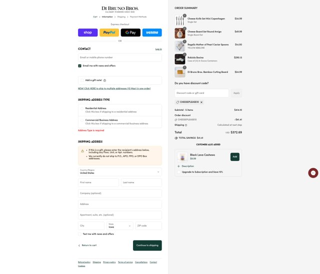 DiBruno checkout page showing DiBruno coupon code box | Screenshot taken by SimplyCodes community member on Sep 6, 2025