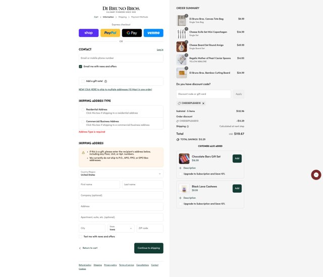DiBruno checkout page showing DiBruno coupon code box | Screenshot taken by SimplyCodes community member on Aug 29, 2025